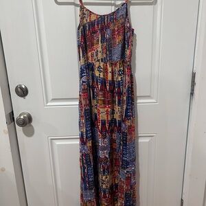 Angie Navy, Red, Cream & Yellow Smocked Maxi Dress
